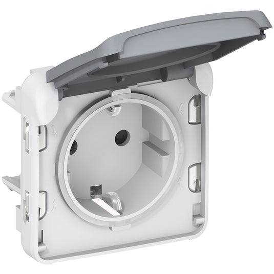 Priza simpla, modulara, cu contact de protectie, 10A, IP55, gri, Plexo 069571