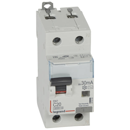 Disjunctor diferenţial DX³, monopolar+neutru, 20A, curba C, 6kA, tip AC, 30mA, 2 module, Legrand 411003, , alternativo.ro