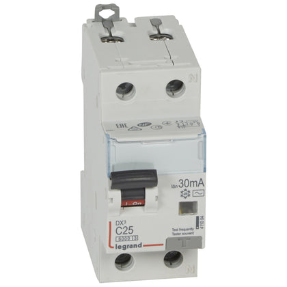 Disjunctor diferenţial DX³, monopolar+neutru, 25A, curba C, 6kA, tip AC, 30mA, 2 module, Legrand 411004, , alternativo.ro
