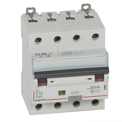 Disjunctor diferential DX³, tetrapolar, 10A, curba C, 6kA, tip AC, 30mA, 4 module, Legrand 411185, alternativo.ro