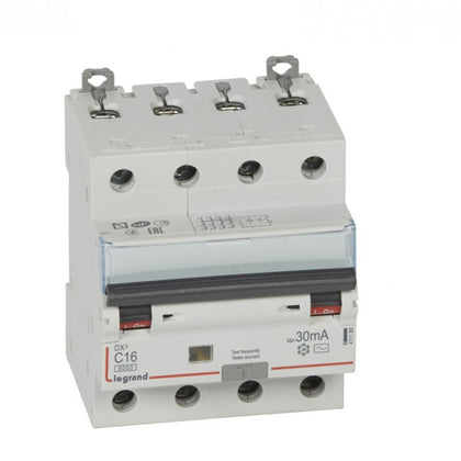 Disjunctor diferential DX³, tetrapolar, 16A, curba C, 6kA, tip AC, 30mA, 4 module, Legrand 411186, alternativo.ro