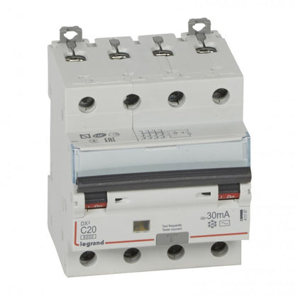 Disjunctor diferential DX³, tetrapolar, 20A, curba C, 6kA, tip AC, 30mA, 4 module, Legrand 411187, alternativo.ro