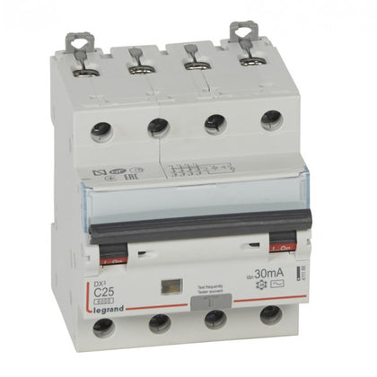 Disjunctor diferential DX³, tetrapolar, 25A, curba C, 6kA, tip AC, 30mA, 4 module, Legrand 411188, alternativo.ro