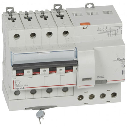 Disjunctor diferential DX³, tetrapolar, 50A, curba C, 6kA, tip AC, 30mA, 7 module, Legrand 411191, , alternativo.ro