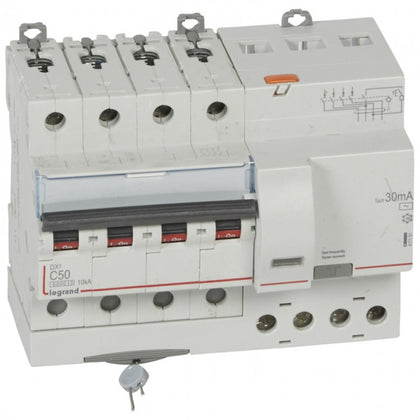 Disjunctor diferential DX³, tetrapolar, 50A, curba C, 6kA, tip AC, 30mA, 7 module, Legrand 411191, alternativo.ro