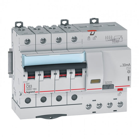 Disjunctor diferential DX³, tetrapolar, 63A, curba C, 6kA, tip AC, 30mA, 7 module, Legrand 411192