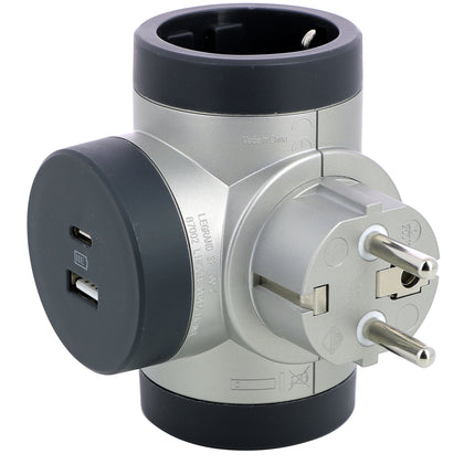 Adaptor 2 prize, USB Tip A, USB Tip C, iesiri laterale, 16A, cu contact de protectie, Aluminiu/Gri, MOES RevOlution 694524, , alternativo.ro