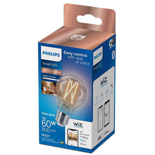 Bec SmartLED cu filament,  7W, A60, E27, geam transparent, Wi-Fi, Bluetooth, Philips 8719514371989