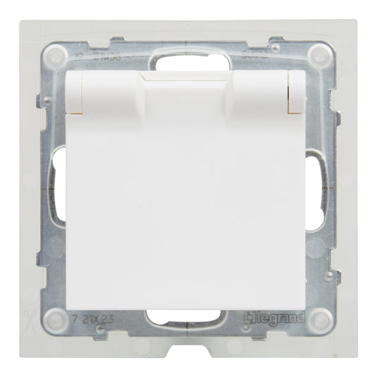 Priza simpla cu capac, cu impamantare, 2P+T, cu protectie copii, 16A, IP44, alb, Suno 721123