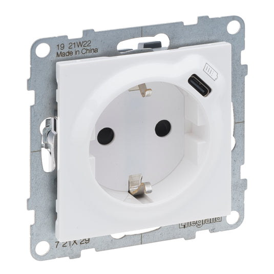 Priza simpla, cu impamantare, 2P+T, si USB Tip C, cu protectie copii, 16A, alb, Suno 721129