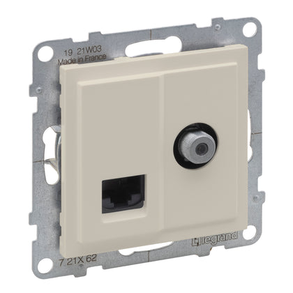 Priza TV sau SAT, conexiune stea, mufa tip F, si priza RJ45, Cat.6, UTP, ivoar, Suno 721262, , alternativo.ro