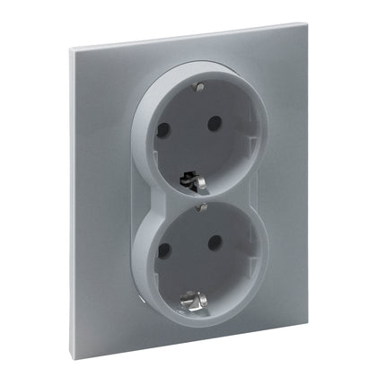 Priza dubla, cu impamantare, 2P+T, cu protectie copii, 16A, rama inclusa, aluminiu, Suno 721326, , alternativo.ro