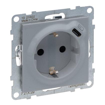 Priza simpla, cu impamantare, 2P+T, si USB Tip C, cu protectie copii, 16A, aluminiu, Suno 721329, , alternativo.ro