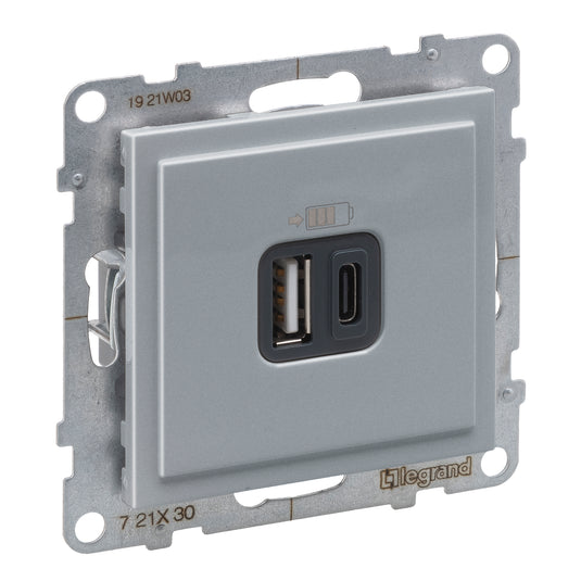 Priza incarcator USB dublu, Tip A + Tip C, aluminiu, Suno 721330