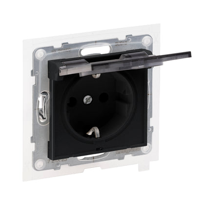 Priza simpla cu capac, cu impamantare, 2P+T, cu protectie copii, 16A, IP44, negru, Suno 721423, , alternativo.ro