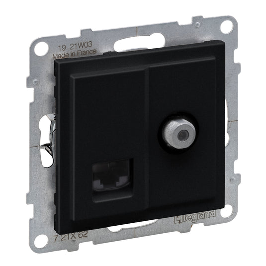 Priza TV sau SAT, conexiune stea, mufa tip F, si priza RJ45, Cat.6, UTP, negru, Suno 721462