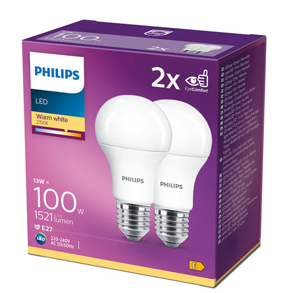 Set 2 Becuri LED clasic, A60M, E27, 13W, 1521Lm, lumina calda 2700K, Philips 8718699669430, alternativo.ro