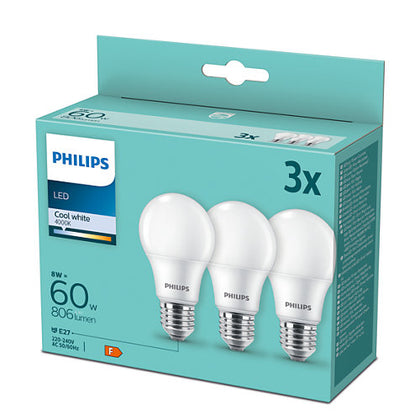 Set 3 Becuri LED clasic, A60M, E27, 8W, 806Lm, lumina neutra 4000K, Philips 8718699694944, alternativo.ro