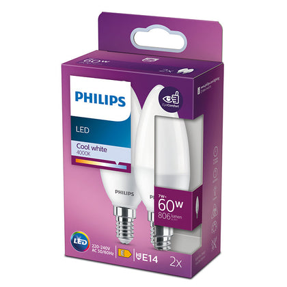Set 2 Becuri LED lumanare, B38, E14, 7W, 806Lm, lumina neutra 4000K, Philips 8719514310216, , alternativo.ro