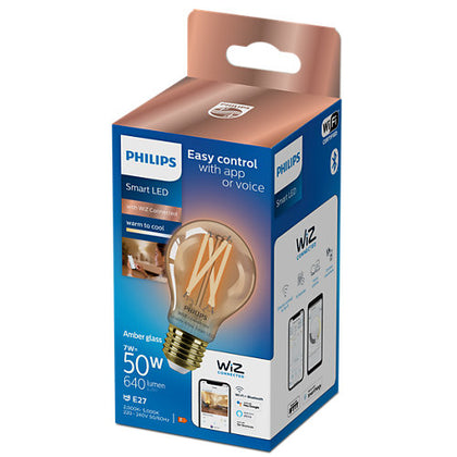 Bec LED inteligent clasic cu filament, A60, E27, 7W, lumina calda/rece, Wi-Fi, Bluetooth, geam chihlimbar, Philips  8719514372023, , alternativo.ro