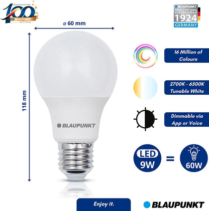 Bec LED inteligent clasic, A60, E27, 9W, lumina multicolora, Wi-Fi, Blaupunkt BE279WSMART