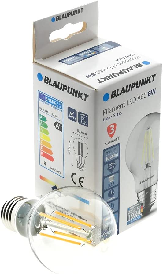 Bec LED filament clasic, A60, E27, 8W, 1055Lm, lumina calda 2700K, geam transparent, dimabil, Blaupunkt BFE278WW