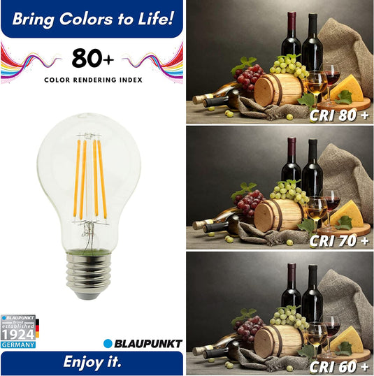 Bec LED filament clasic, A60, E27, 8W, 1055Lm, lumina calda 2700K, geam transparent, dimabil, Blaupunkt BFE278WW