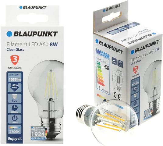 Bec LED filament clasic, A60, E27, 8W, 1055Lm, lumina calda 2700K, geam transparent, dimabil, Blaupunkt BFE278WW