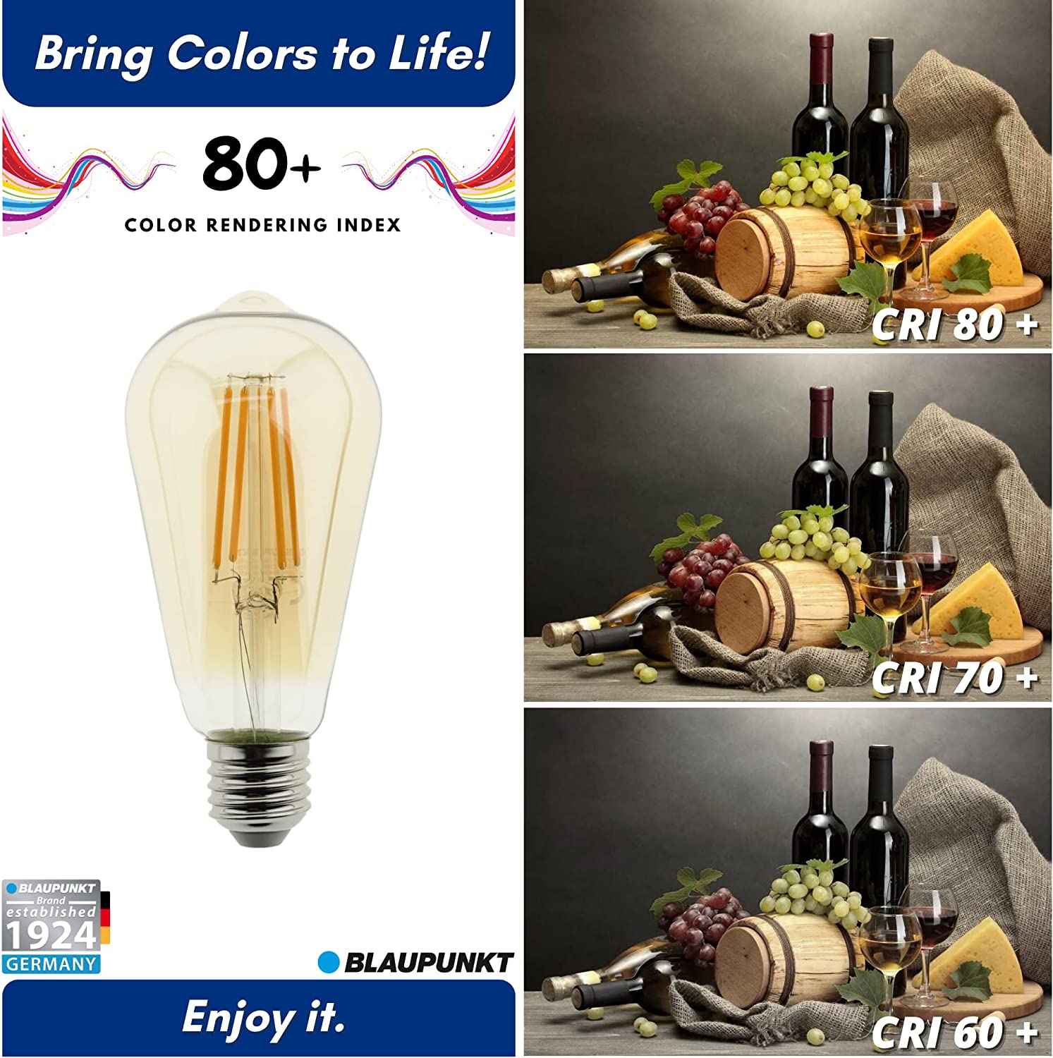 Bec LED filament decorativ, ST64, E27, 8W, 806Lm, lumina calda 2300K, geam chihlimbar, Blaupunkt BFAE278WW