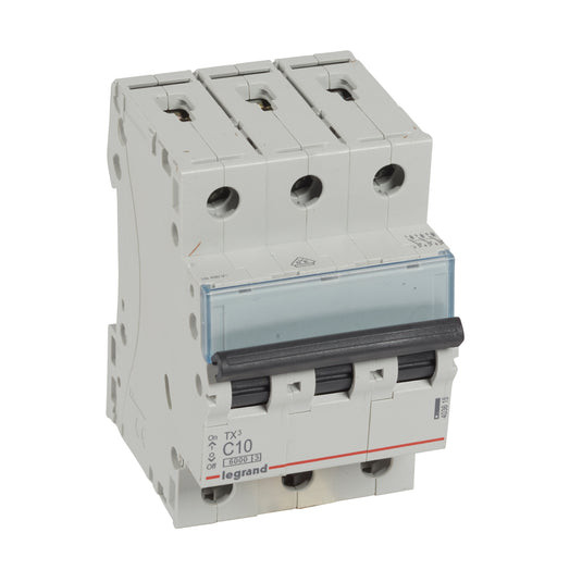 Disjunctor termo-magnetic MCBs TX³, 3 poli, 10A, curba C, 6000A, 3 module, Legrand 403615